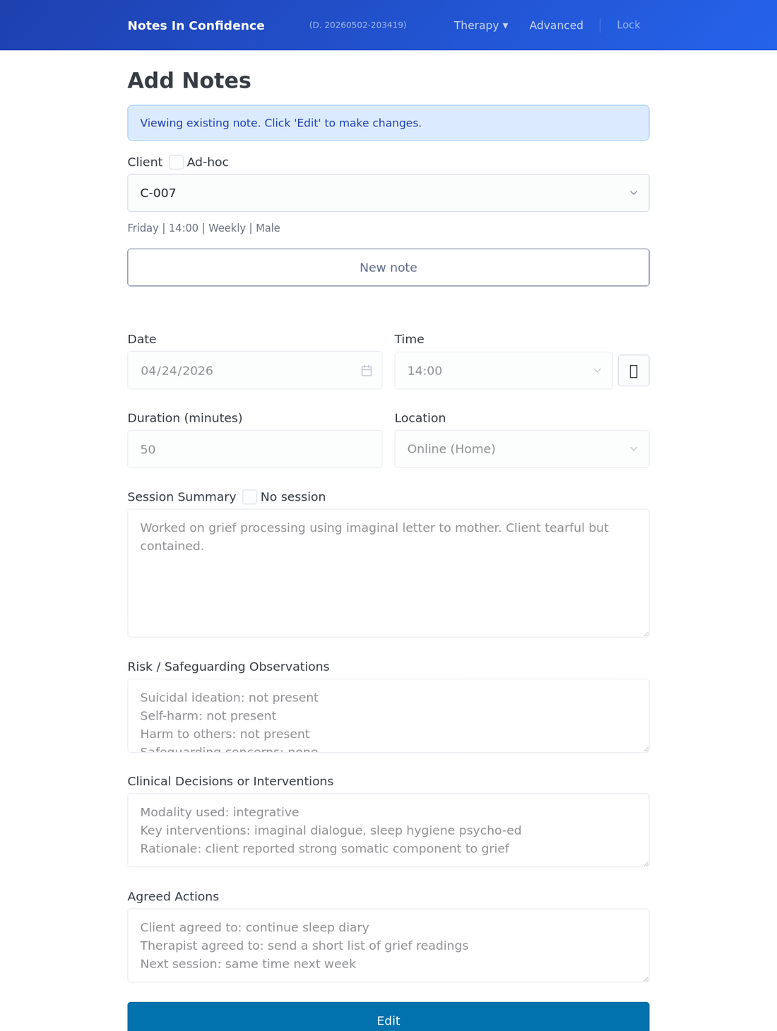 Notes input page with a populated note loaded