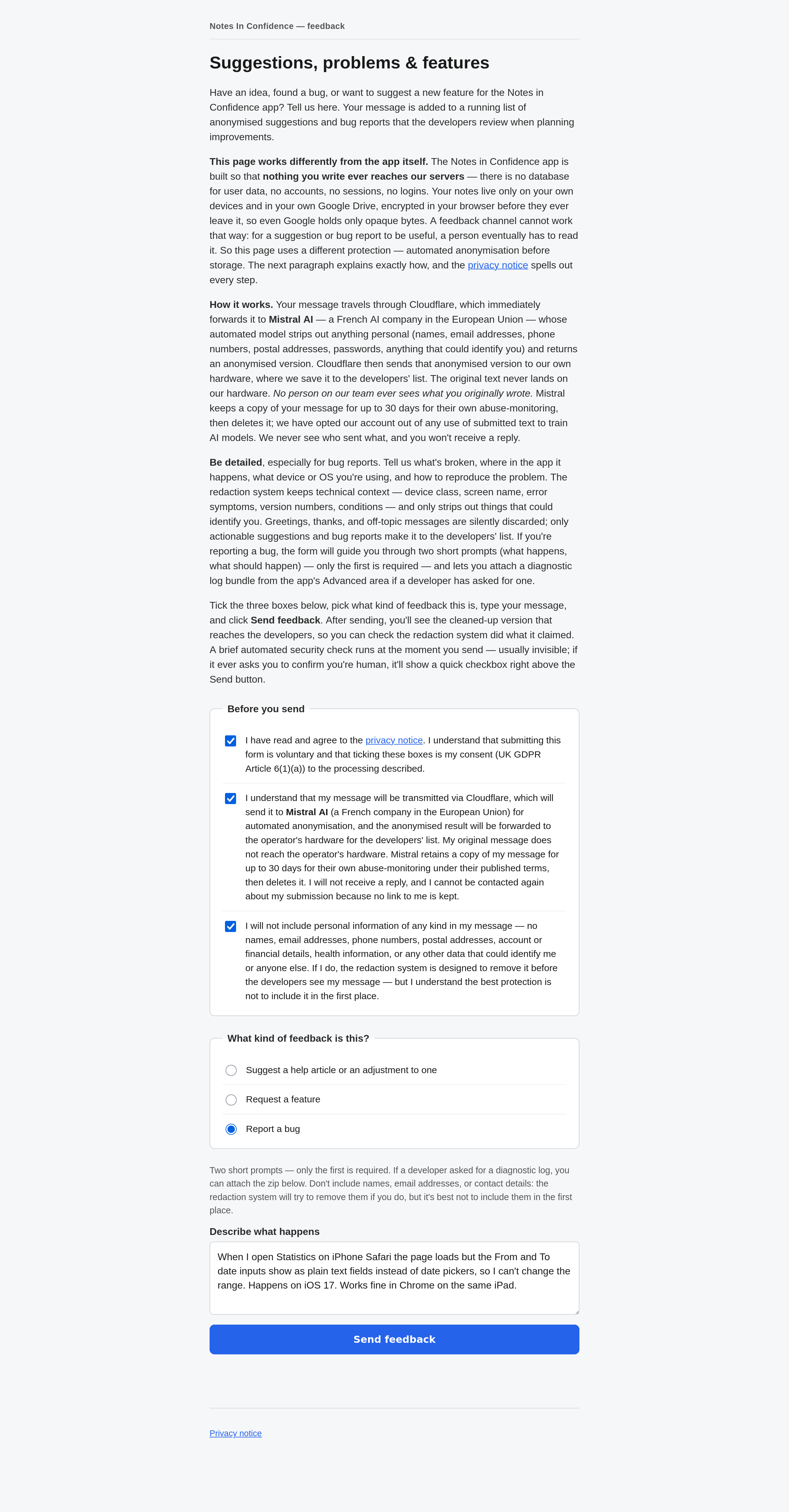 The feedback form showing three ticked consent boxes, Report a bug selected, and a pre-filled bug description