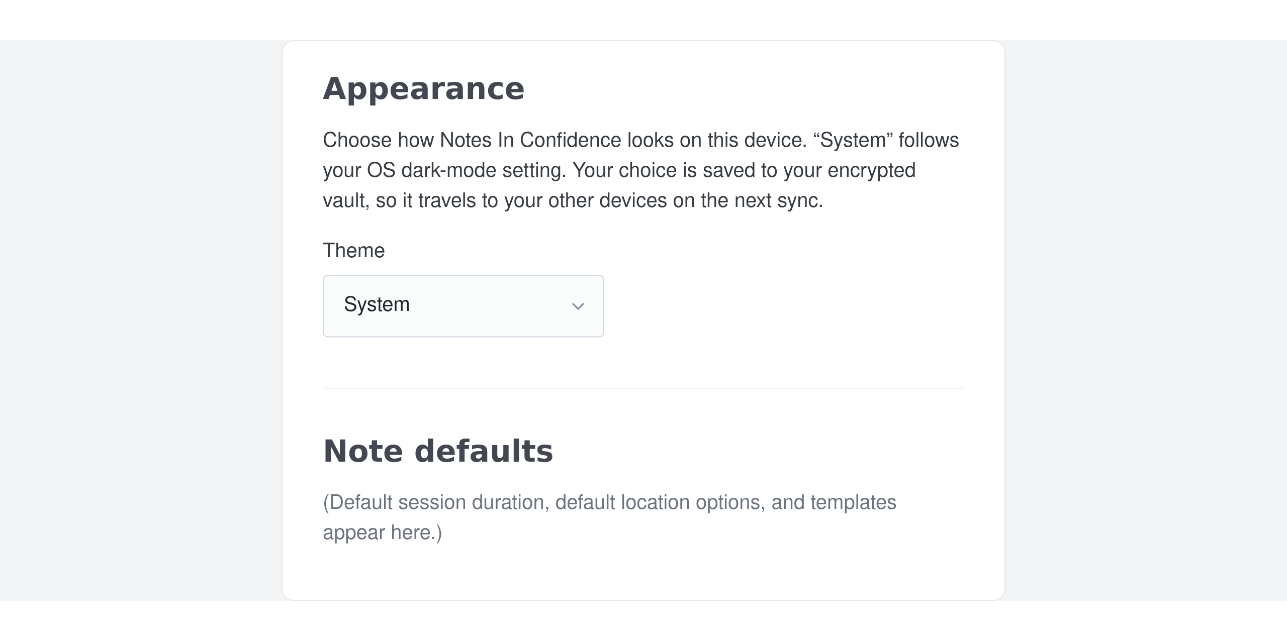 The Appearance section in Settings → Defaults, with a Theme dropdown showing System, Light and Dark