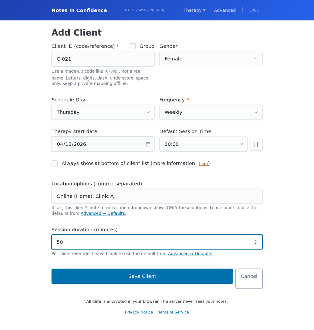 The Add Client form, filled in