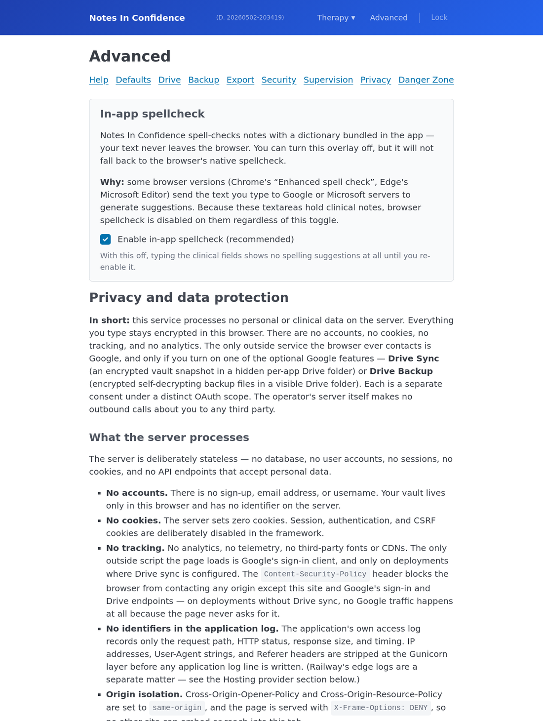 The privacy section in Advanced
