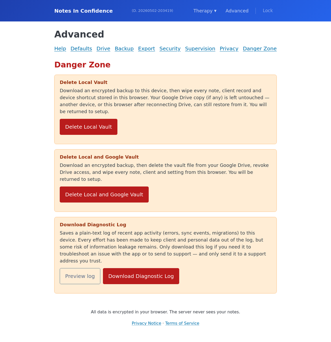 Advanced > Danger Zone, including the diagnostic log option