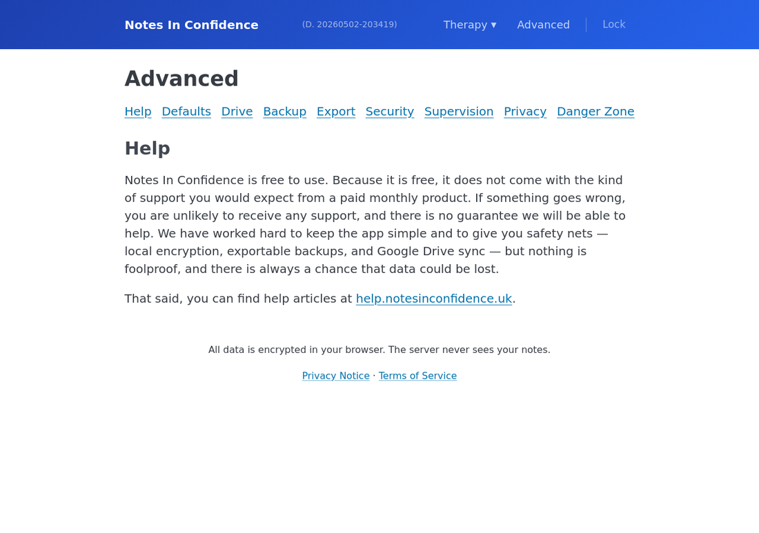 The Help tab inside Advanced