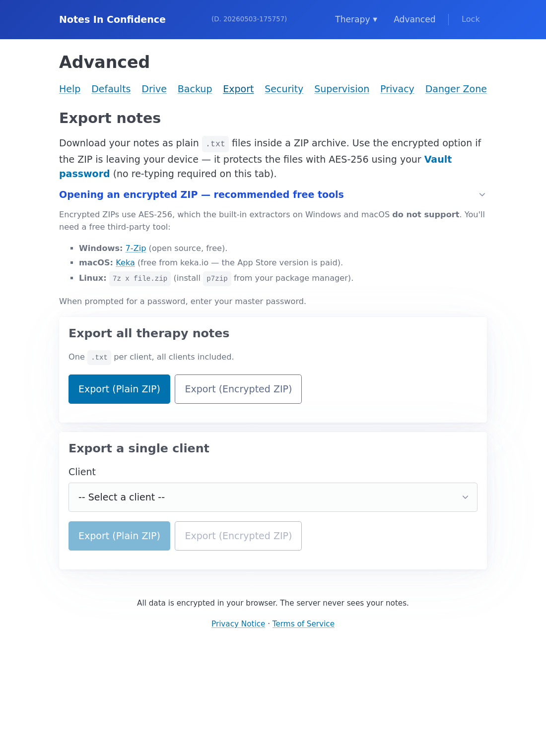 The Export tab with the "Opening an encrypted ZIP" panel expanded