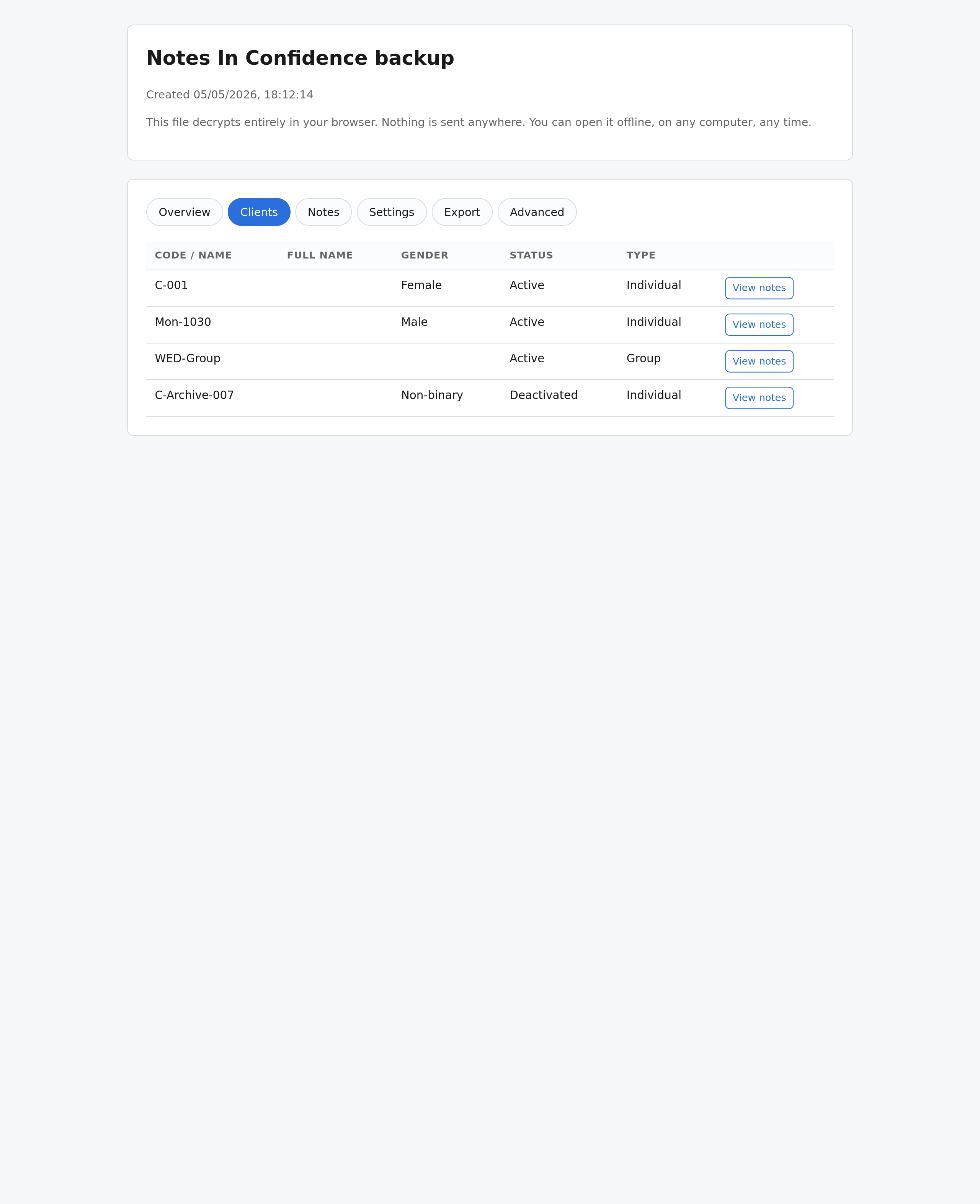 The Clients tab — table of every client in the snapshot