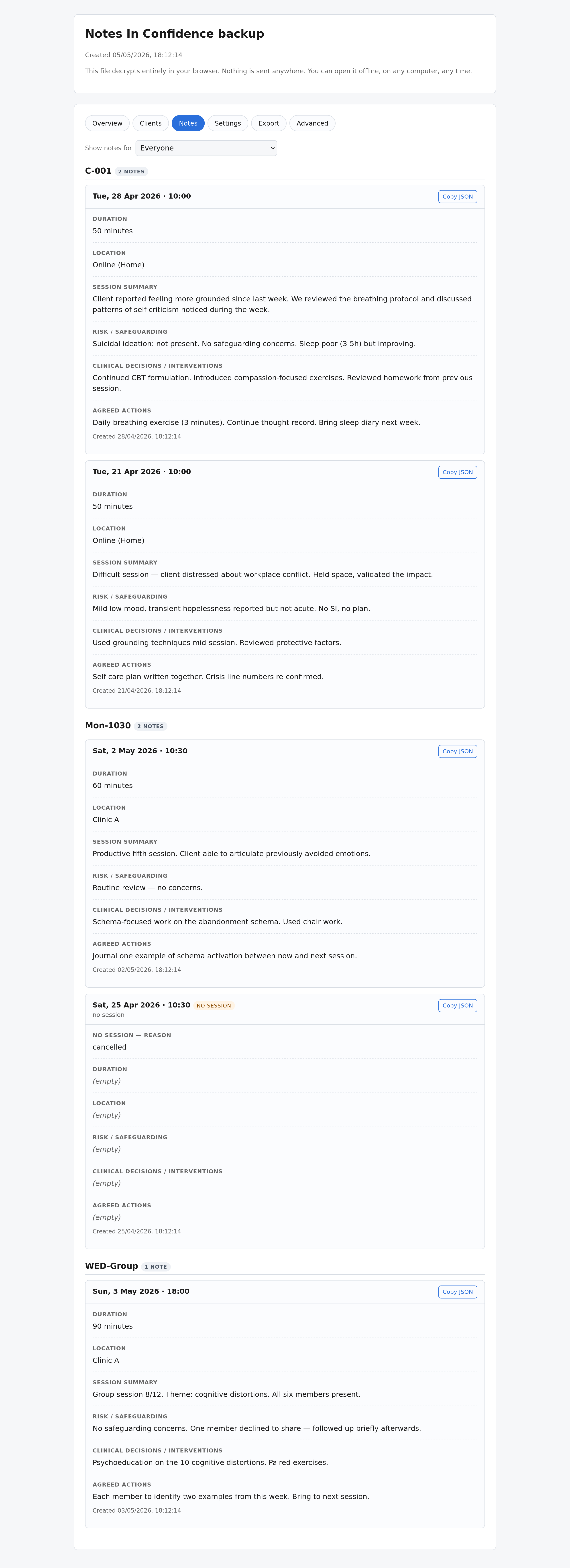The Notes tab showing every client's notes