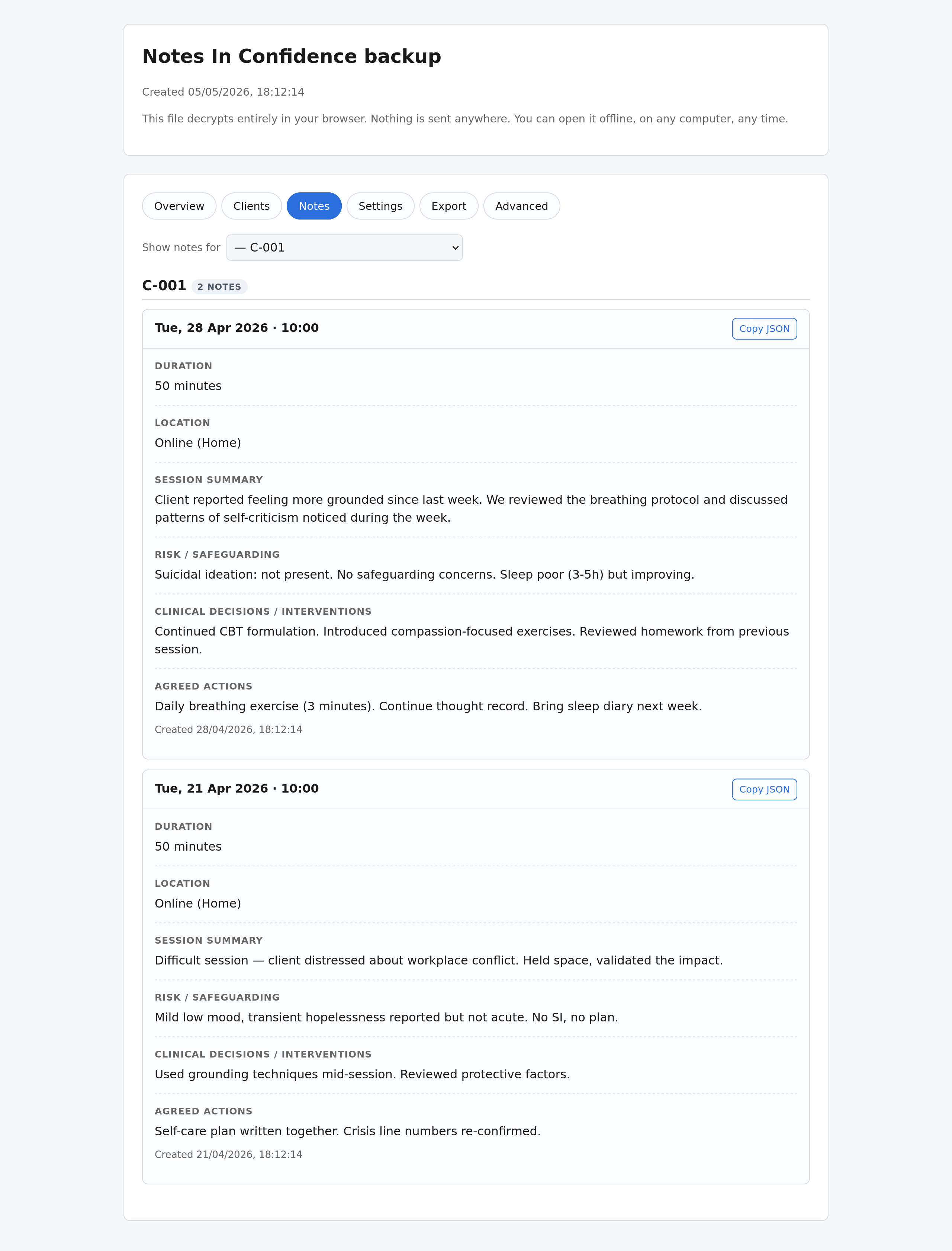Notes filtered to a single client