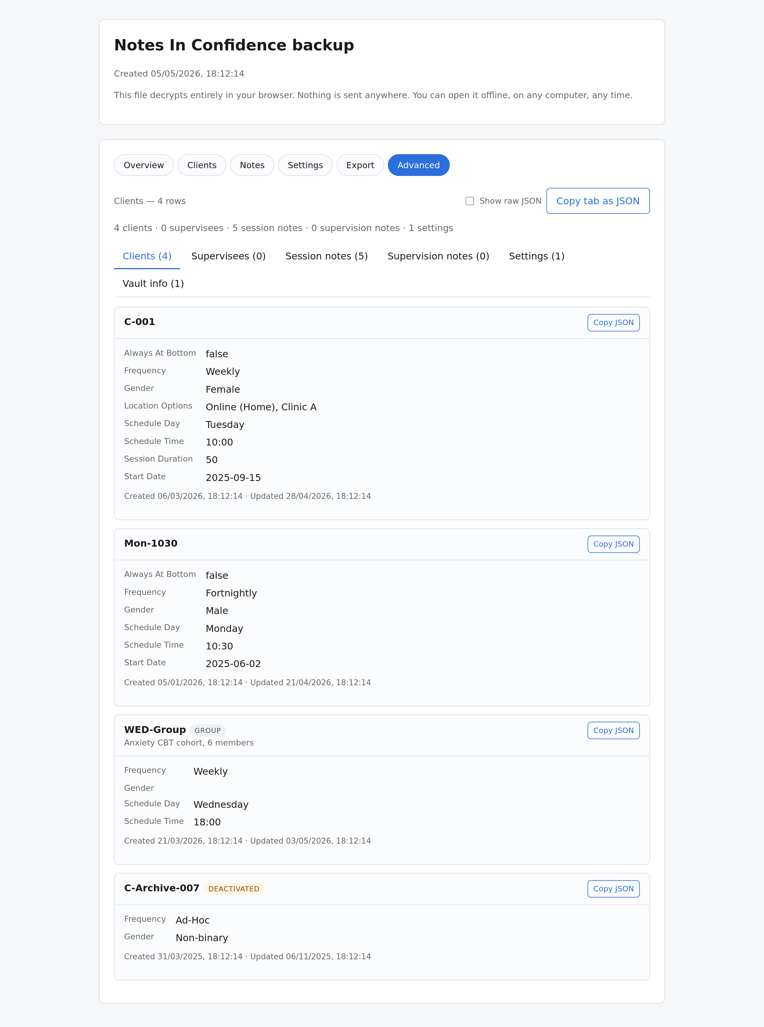 The Advanced tab — the per-store sub-tabs