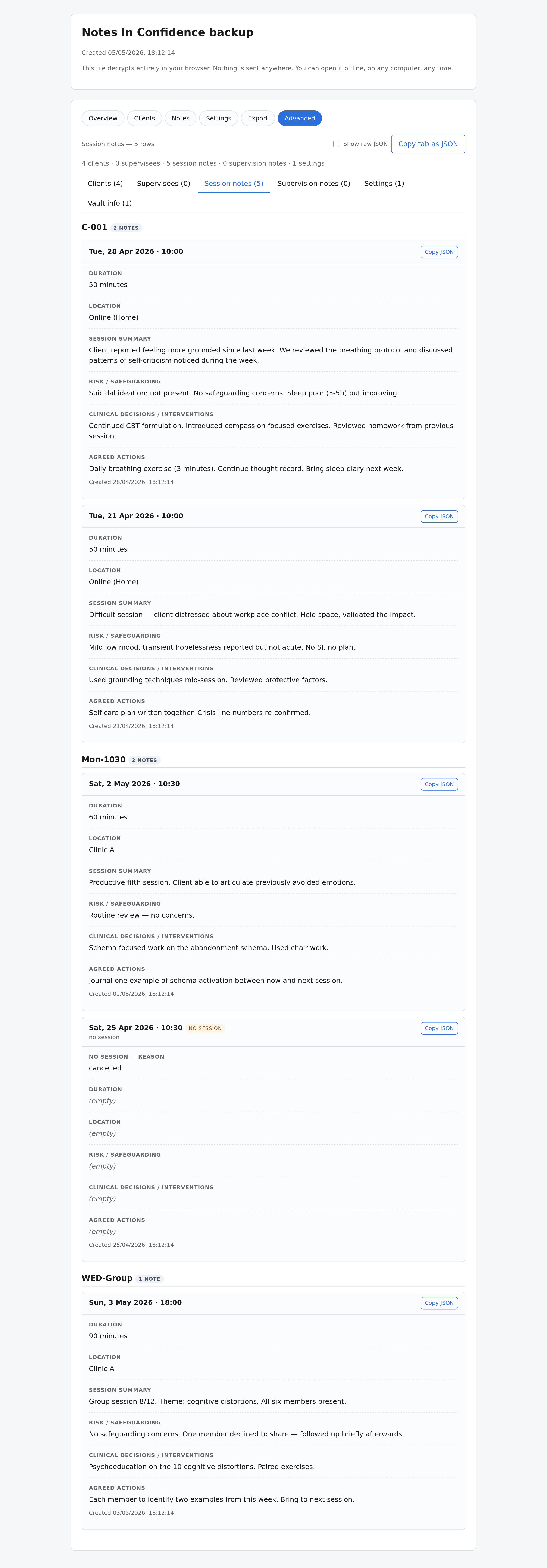 Advanced tab on Session notes with a Copy JSON action per record