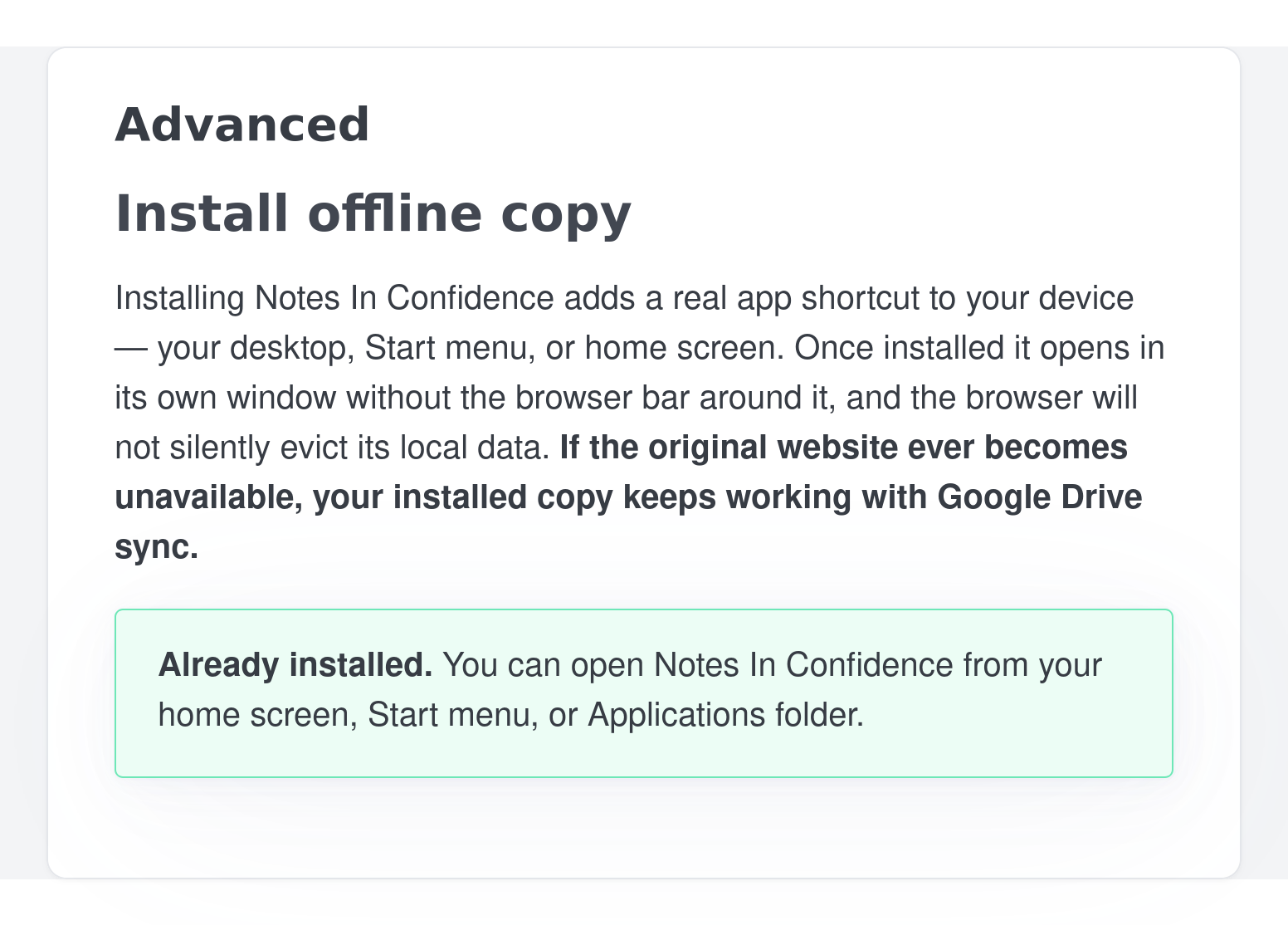 The Install tab once the app is already installed in this browser